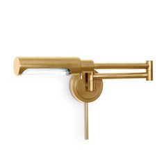 an image of a gold wall light on the side of a white wall with a long arm