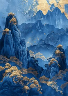 Beautiful 'Landscape Blue Gold' Poster Print by Morgan Yon ✓ Printed on Metal ✓ Easy Magnet Mounting ✓ Worldwide Shipping. Buy online at DISPLATE. Gold And Blue Aesthetic, Blue Gold Aesthetic, Blue And Gold Wallpaper, Black Gold Art, Tian Shan, Anya Damian, Painting Japanese, Landscape Blue, Asian Landscape