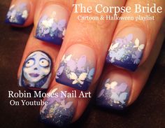 Corpse Bride Nail Art, Corpse Bride Nails, Bride Nail Art, Youtube Nail Art, Nail Design Tutorial, Bride Nail, Sugar Skull Nails, Halloween Nail Design, Halloween Nail Art Tutorial