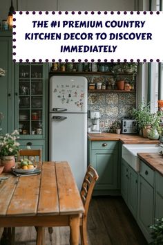 the kitchen is decorated in green and has a wooden table with two chairs, an old refrigerator