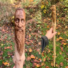 two pictures one with an old man's head and the other with a wooden stick