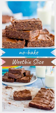 chocolate weetbix slice no - bake recipe on a plate with milk in the background