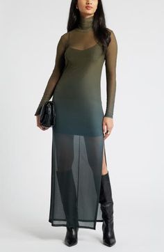 A slip lining gives coverage to this sheer mesh maxi dress that has an ombré pattern giving it a cool color-changing effect. Slips on over head Mock neck Long sleeves Slip lining 95% polyester, 5% spandex Machine wash, tumble dry Imported Mock Neck Long Sleeve Dress, Long Sleeve Mesh Dress, Ombre Dress, Mesh Maxi Dress, Mock Neck Long Sleeve, Green Maxi, Maxi Jersey Dress, Pleated Maxi Dress, Pleated Maxi