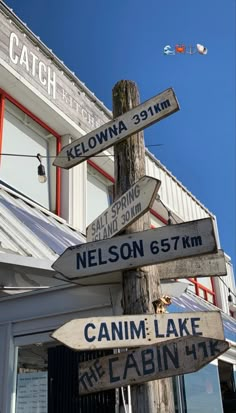 a wooden pole with multiple street signs attached to it's sides in front of a building