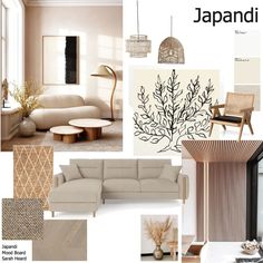 an interior design mood board with neutrals and browns in shades of beige, brown, and white