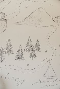 a drawing of trees and boats on a white wall with mountains in the back ground