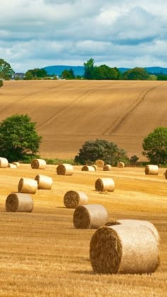 large bales of hay are in the middle of a field