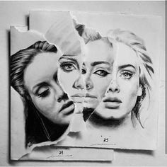 a drawing of three women's faces with torn paper