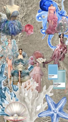 a collage of fashion images with shells and seashells