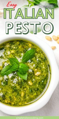 an easy italian pesto recipe in a bowl with basil leaves and parmesan cheese