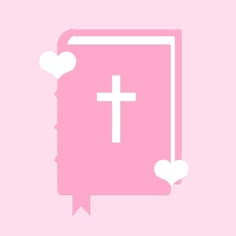 a pink book with a cross on it and hearts around the corner, in front of a light pink background