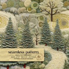 a quilted wall hanging with trees and swirls in the background that says seamless pattern