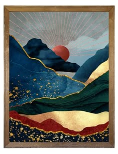 an abstract painting with mountains and sun in the sky, on a white wall above it