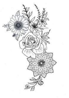 a black and white drawing of flowers with leaves on the bottom half of each flower