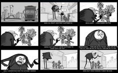 an animation storyboard with various scenes and characters