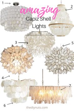 some chandeliers that are hanging from the ceiling and have words describing how to use them