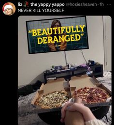 two pizzas sitting in front of a tv with the caption'beautifully deranged '