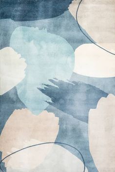 an abstract rug with blue, beige and white colors