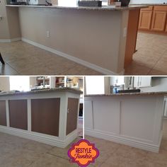 before and after shots of a kitchen island with built in cabinets, counter tops and flooring