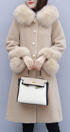 $144.90 - Beautiful beige light brown winter long coat jacket (also for autumn) with fur collar. This cute coat is good for a fashion trendy street style look. For women, teens and ladies. Can be used for casual daily every day wear. #coat Elegant Taupe Outerwear For Fall, Elegant Fur Coat With Faux Fur Trim For Fall, Elegant Fall Fur Coat With Faux Fur Trim, Beige Long Sleeve Wool Coat For Winter, Luxury Long Beige Wool Coat, Elegant Long Neutral Outerwear, Chic Wool Coat With Faux Fur Trim For Winter, Beige Winter Outerwear For Formal Occasions, Elegant Winter Outerwear