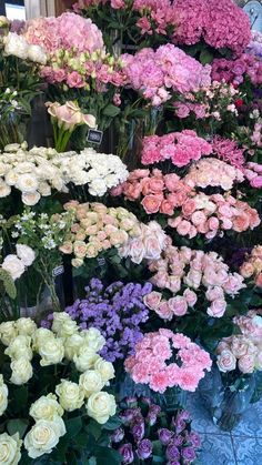 many different colored flowers in vases on display