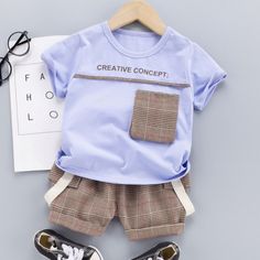 Sets Boys Toddler, 【12M-4Y】2-piece Boys Casual Letter Print T-shirt And Plaid Shorts Set Baby Boy T Shirt, Track Pants Mens, Baby Dresses, Baby Boy Names, Plaid Shorts, Boy Names, Boys T Shirts