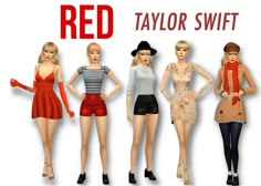 the red taylor swift doll is shown in four different poses, including short skirts and high heels