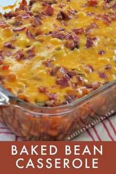 baked bean casserole in a glass dish with text overlay that reads baked bean casserole