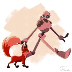 a cartoon character holding onto the tail of a red fox, with another figure behind him