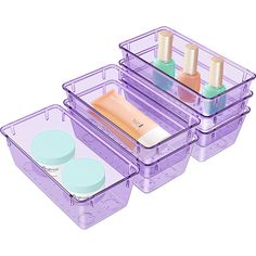 three plastic containers with different types of items in them and one is purple, the other has blue