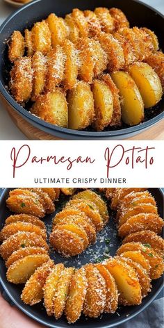 some food that is in a pan and on a plate with the words parmesan potato ultimate crispy dinner