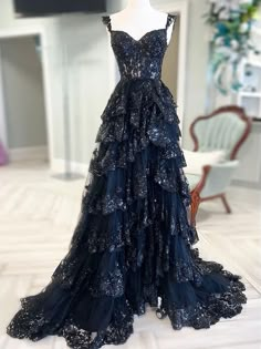 Vampire Prom Dress, Whimsical Prom Dress, Starry Night Sweet 16, Highschool Dresses, Navy Blue Quince, Goth Clown, Ball Gown Ideas, Prom Dress Fairy, Midnight Blue Wedding