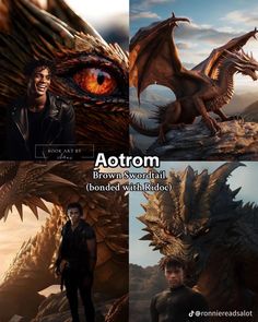 an image of a man standing next to a dragon and the words, aotom brown is