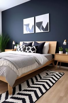 a modern bedroom with blue walls and white bedding, black and white rugs