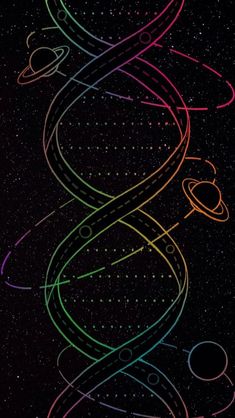 an image of a black background with colorful lines and planets in the center, as well as space shuttles