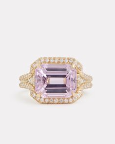 18K Yellow Gold Emerald Cut Kunzite Ring with Diamonds, .38 TCWOrnament is 1/2 Inch x 1/2 Inch Style# YRELKZW Kunzite Ring, Adult Jewelry, Emerald Cut Rings, Two Rings, Makeup Eye Looks, Dream Engagement Rings, Dream Engagement, Star Jewelry, Eye Looks