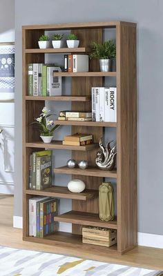 a bookshelf with several shelves and plants on top of it in a living room