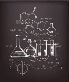 a chalkboard drawing of science equipment