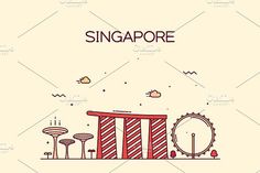 the singapore skyline with ferris wheel and water tower in line art style on beige background