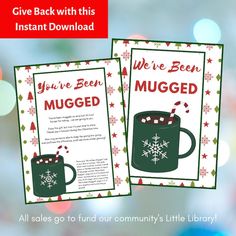 two mugged christmas cards with snowflakes on them