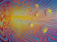 an abstract painting with many balls in the center and colorful swirls on it's surface