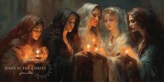 a painting of four women holding candles in their hands