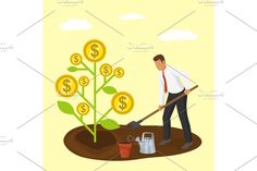 a man is digging in the ground with a shovel and money growing out of it