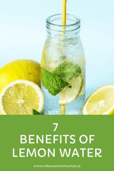 lemons and water with the words 7 benefits of lemon water