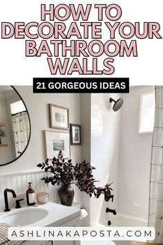 Photos In Bathroom Ideas, Large Wall In Bathroom, Small Bathroom Wall Ideas Decor, Bathroom Decor Photos, Teenage Bathroom Decor Ideas, Bare Bathroom Wall Ideas, Bathroom Wall Basket Ideas, Masculine Bathroom Art, Bathroom Decor On Top Of Toilet