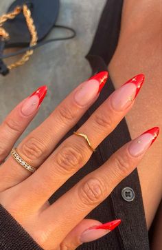 Red Stiletto French Tip Nails, Red Tip Stiletto Nails, Long Red French Tip Nails, Red French Tip Nails Stiletto, Acrylic Nails Almond French Tip, Red French Tip Stiletto Nails, Almond Red Nails Design, Almond Nails Red French Tip, Red Tip Almond Nails