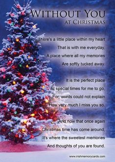 a christmas tree with lights on it and an poem written in the bottom right corner