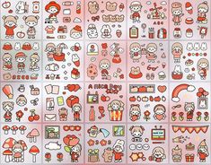 an assortment of hello kitty stickers on a white background with pink and red colors