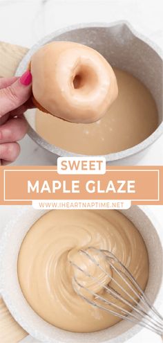 an image of a doughnut being made in a bowl with the words sweet maple glaze