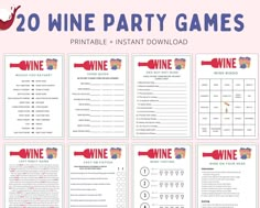 the wine party game is shown in red and blue with text that reads 20 wine party games printable instant